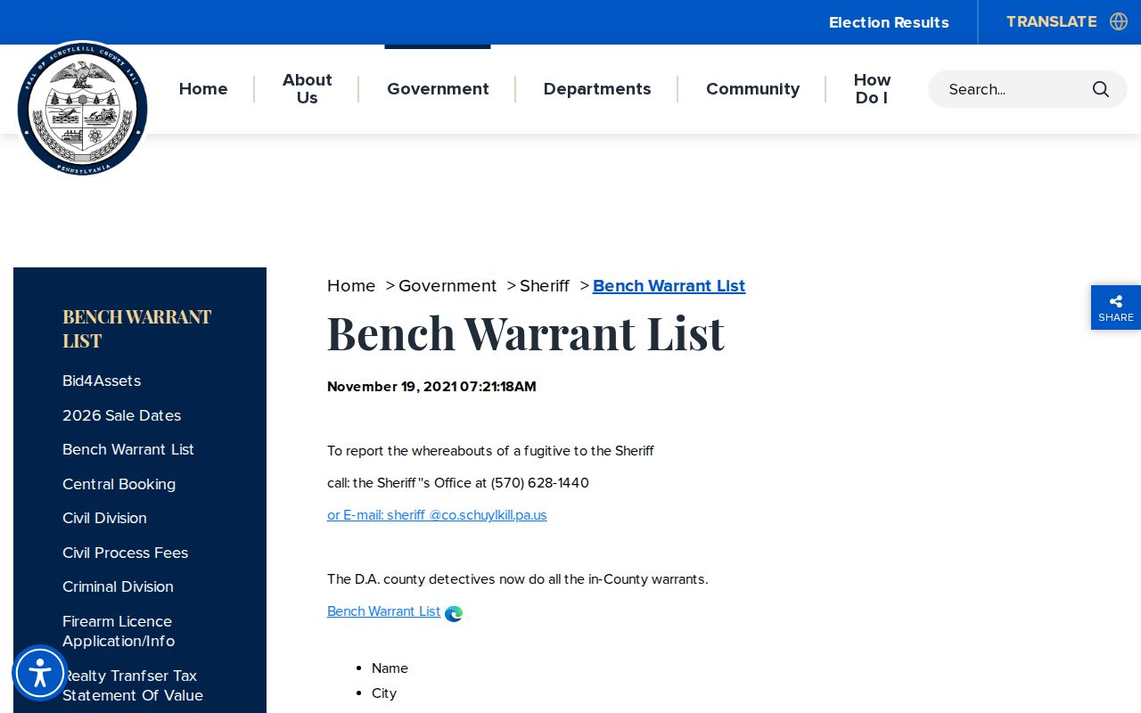 Schuylkill County Sheriff Bench Warrant List official wanted-record page