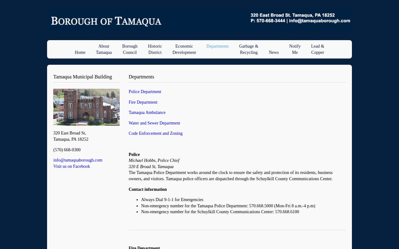 Tamaqua Police Department official borough contact and records information